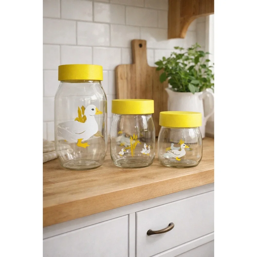 Vintage Duck Glass Canister Set Yellow Lid 80s Kitchen Farmhouse Sun Tea Jars